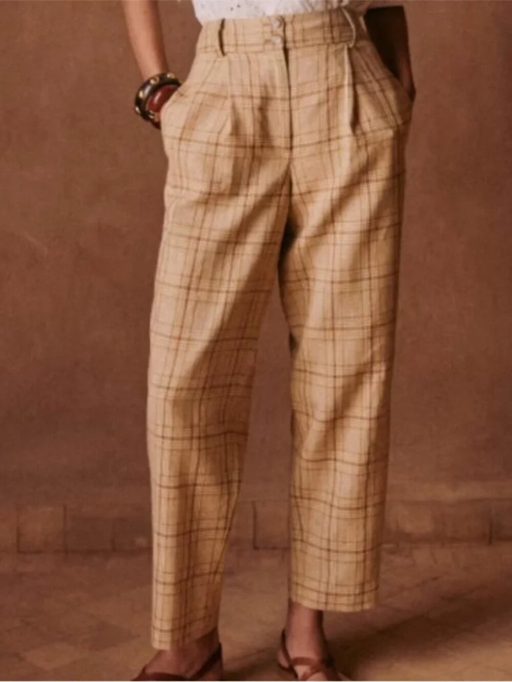Sezane Cyprien Plaid Cropped Trousers Ochre Check Print US Size 6 / 38 French